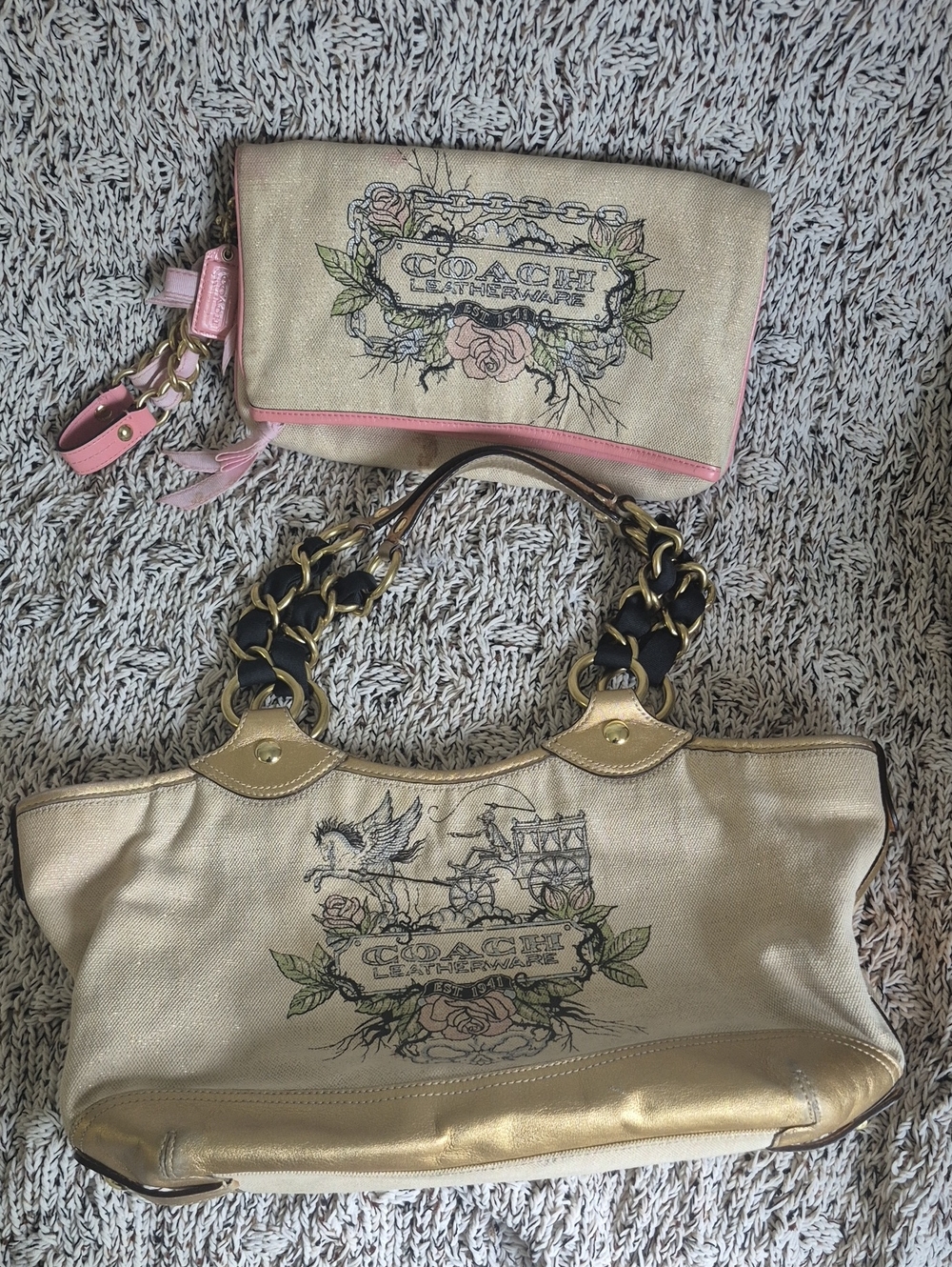 Coach Cream Floral Canvas Tote with Pink Accent Pouch Wristlet